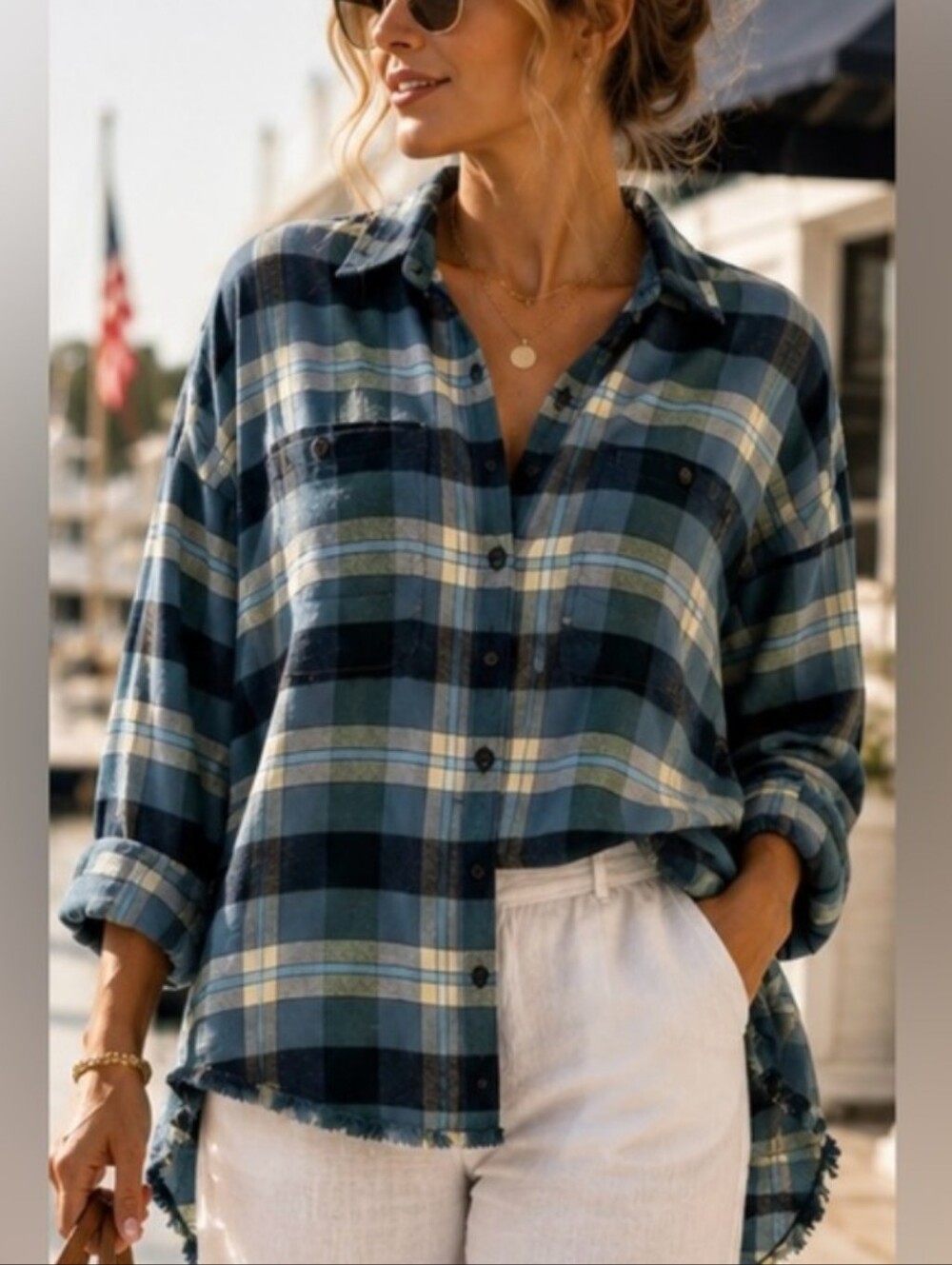 Free People Loveland Plaid Button Up Long Sleeve Shirt Size Small